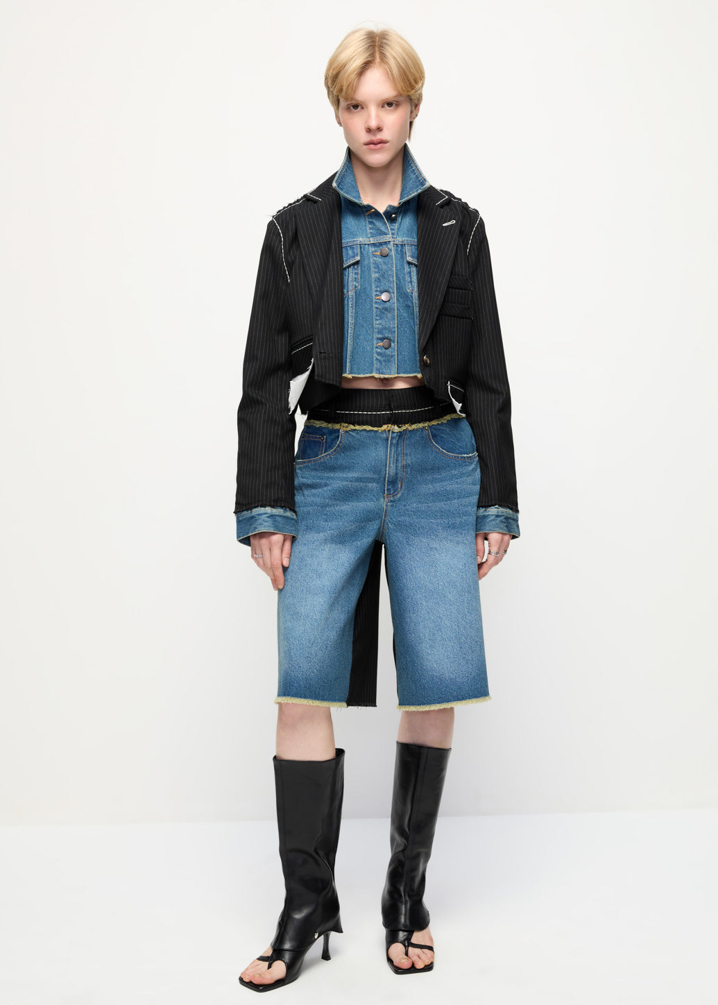 DECONSTRUCTED PINSTRIPE DENIM SHORTS
