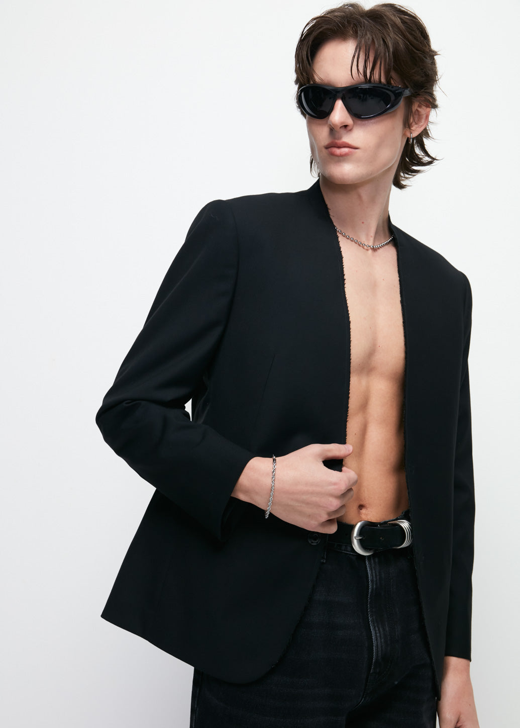 black collarless dress shirt BLACK COLLARLESS BLAZER – C P S Official Store