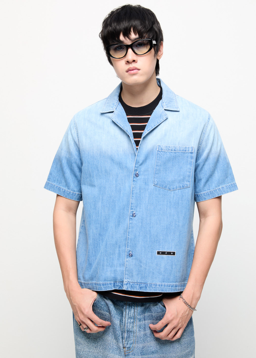 CROP HAWAII DENIM SHIRT Blue / XL