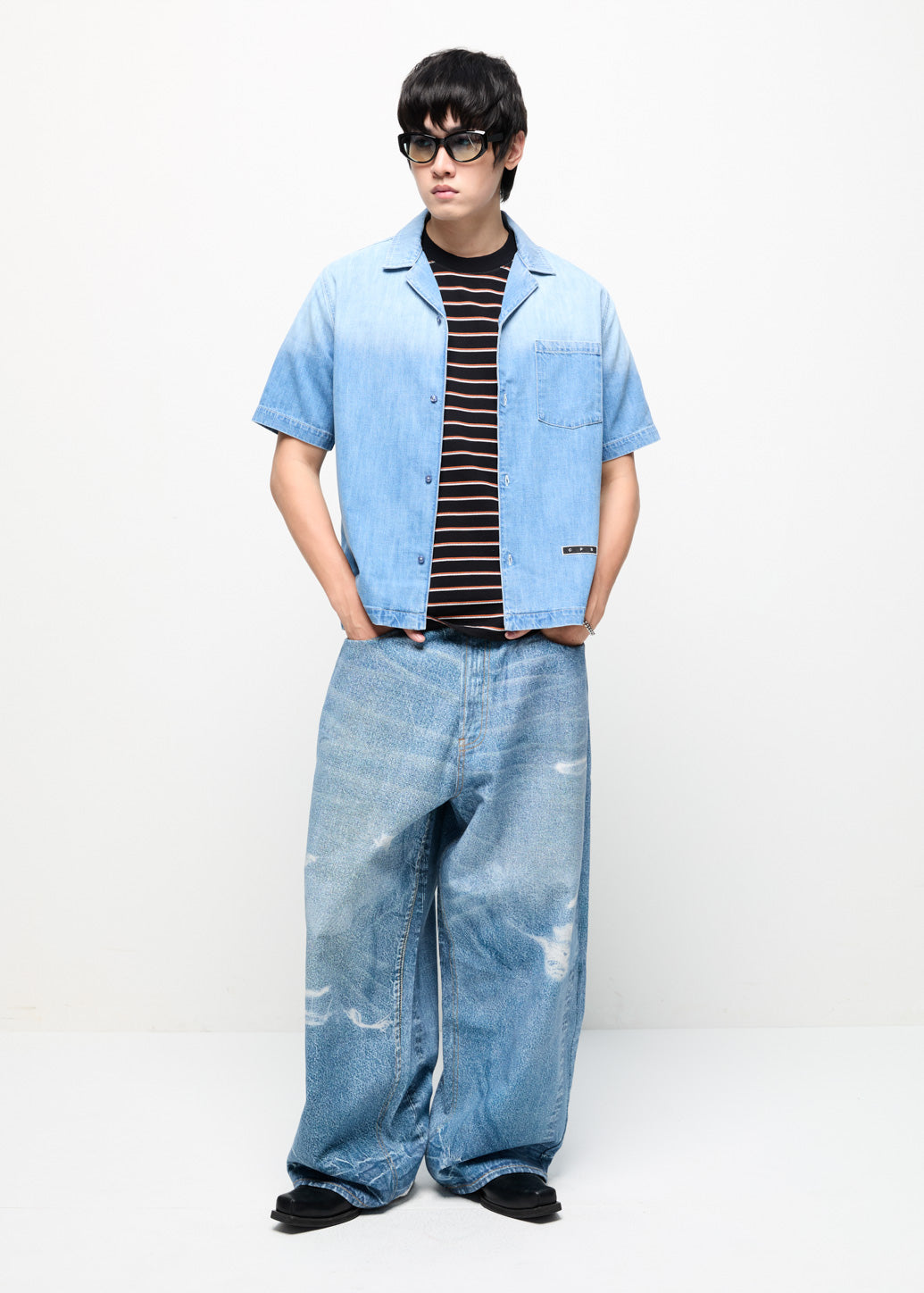 CROP HAWAII DENIM SHIRT Blue / XL