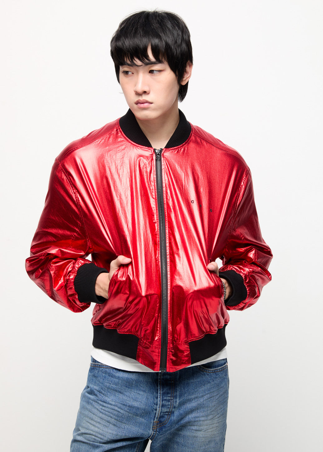 METALLIC RED BOMBER JACKET