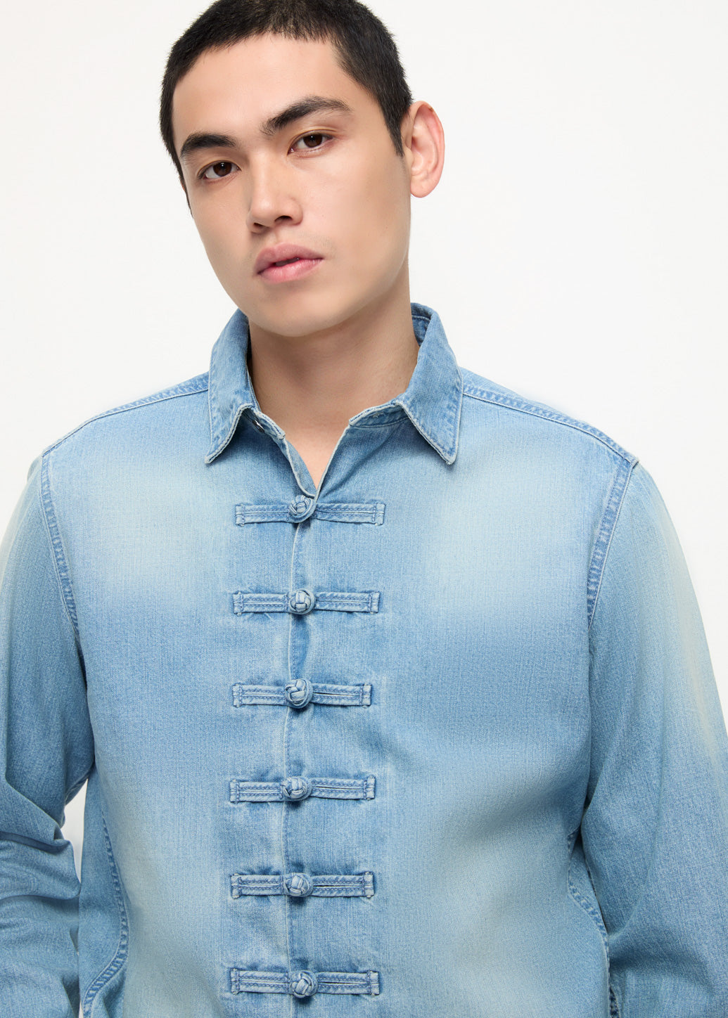 MANDARIN COLLAR DENIM SHIRT Blue / XL