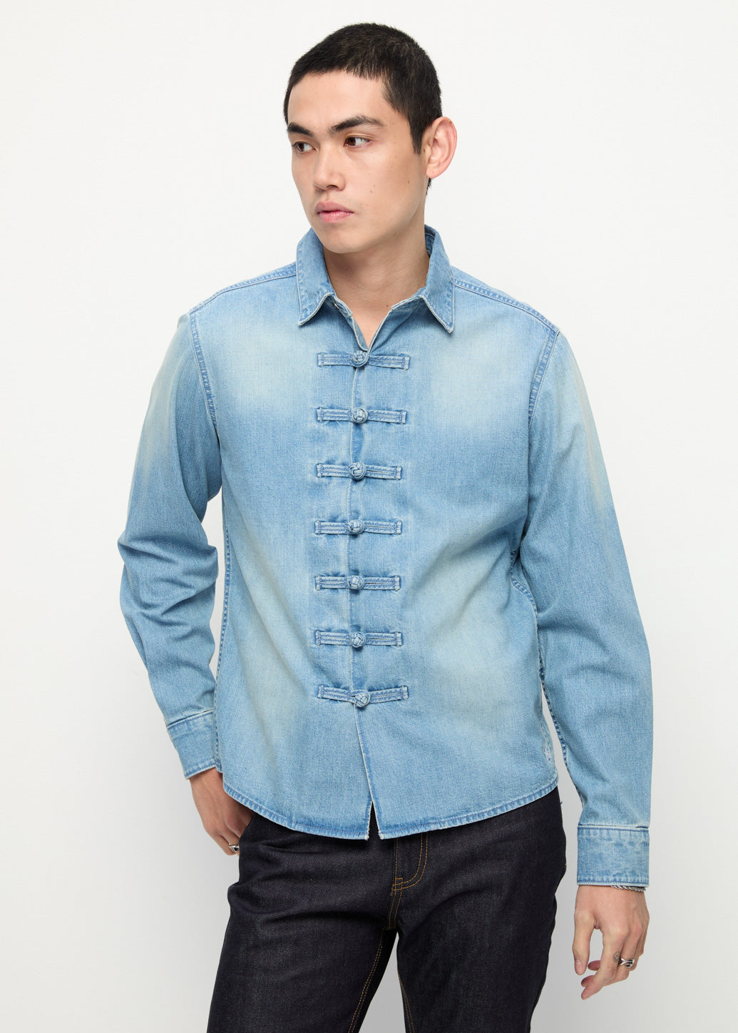 MANDARIN COLLAR DENIM SHIRT Blue / XL