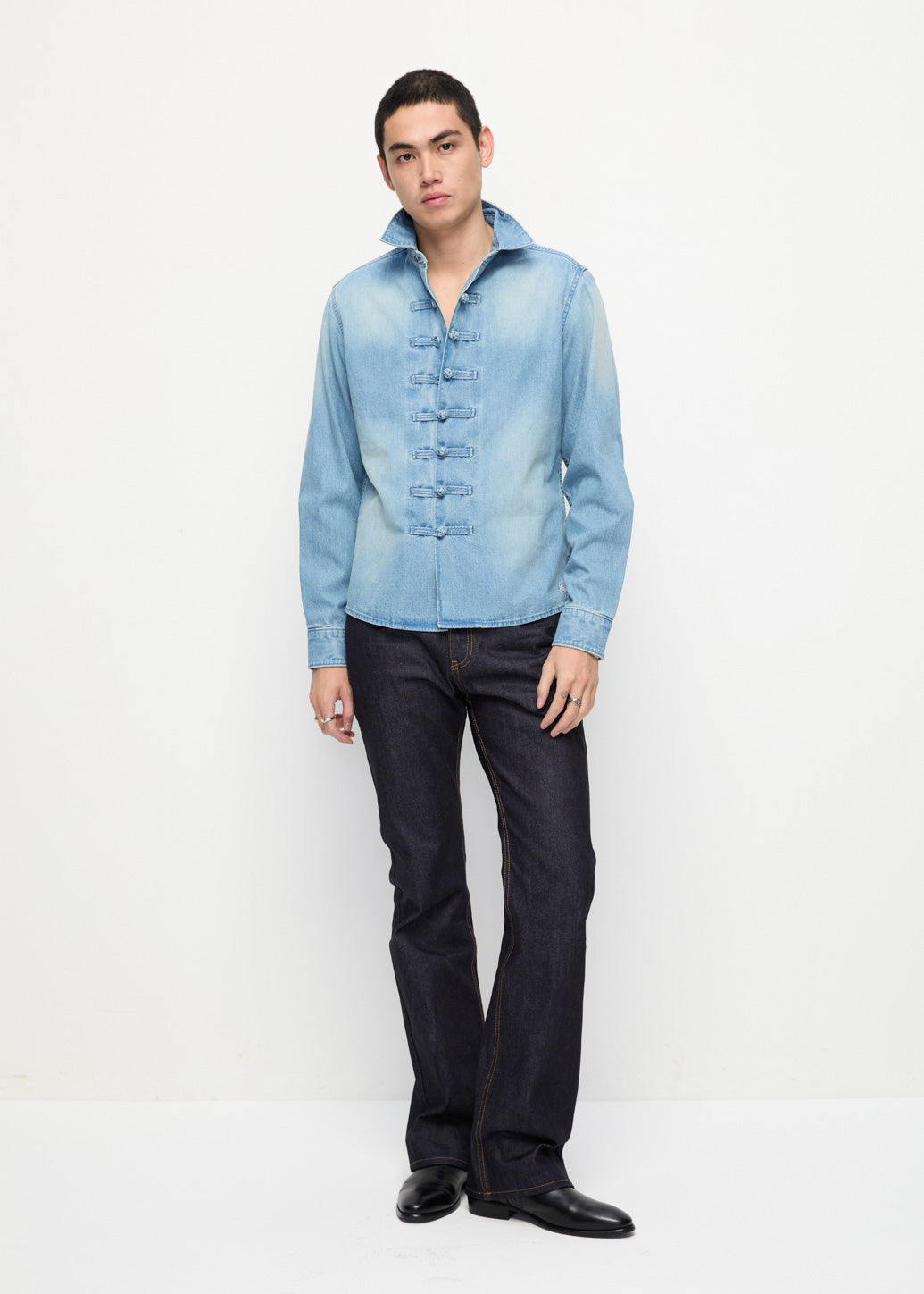 MANDARIN COLLAR DENIM SHIRT Blue / XL