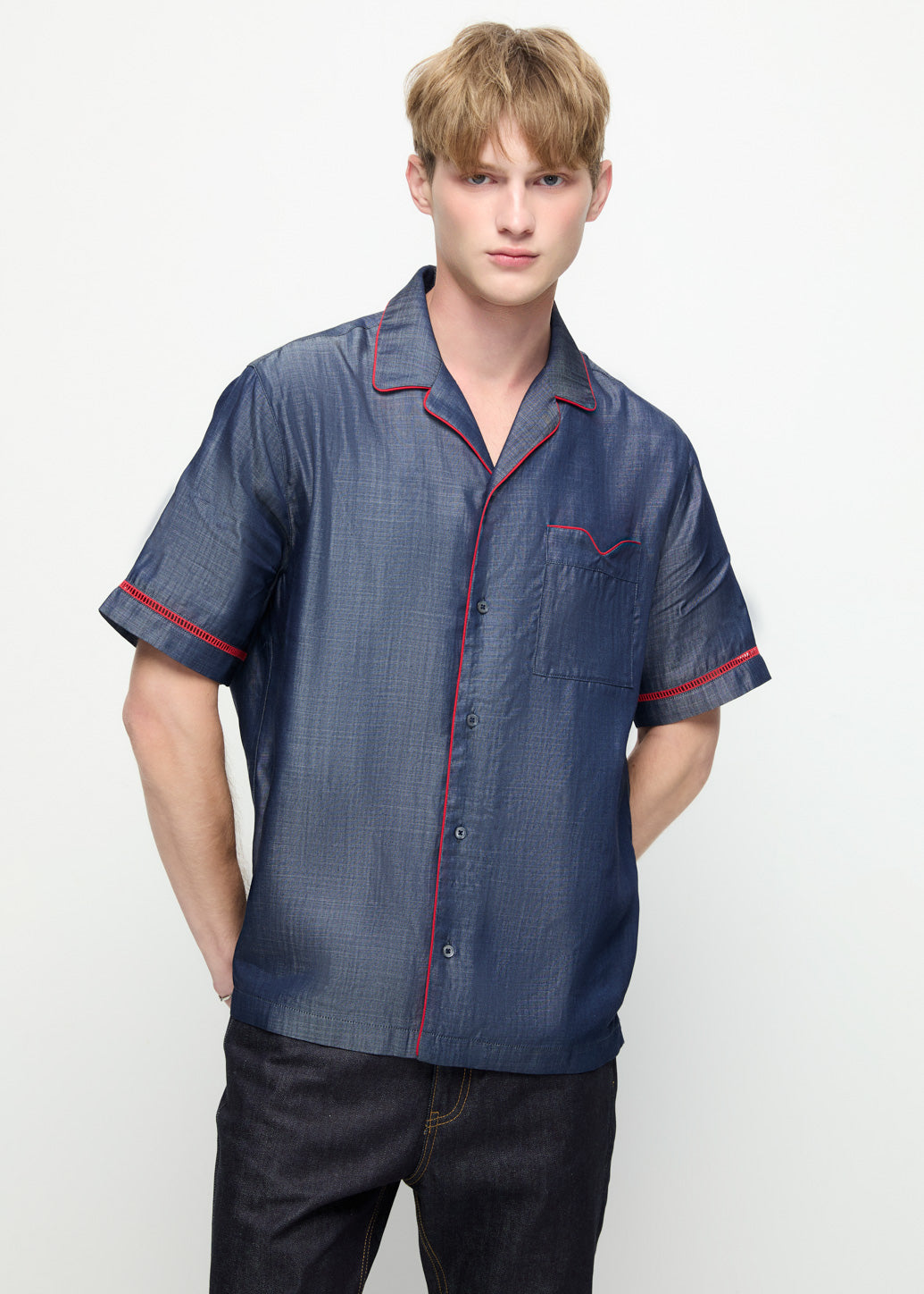 LINE PIPING SHIRT Navy / XL