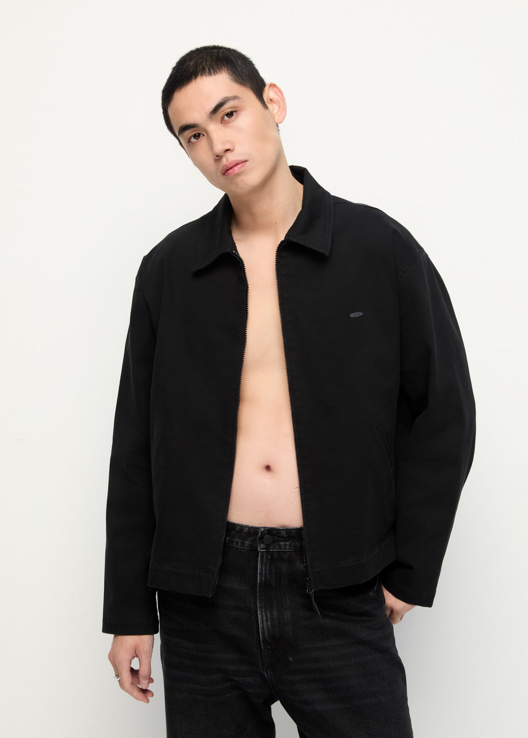 LEATHER-COLLAR DENIM JACKET Black / XL