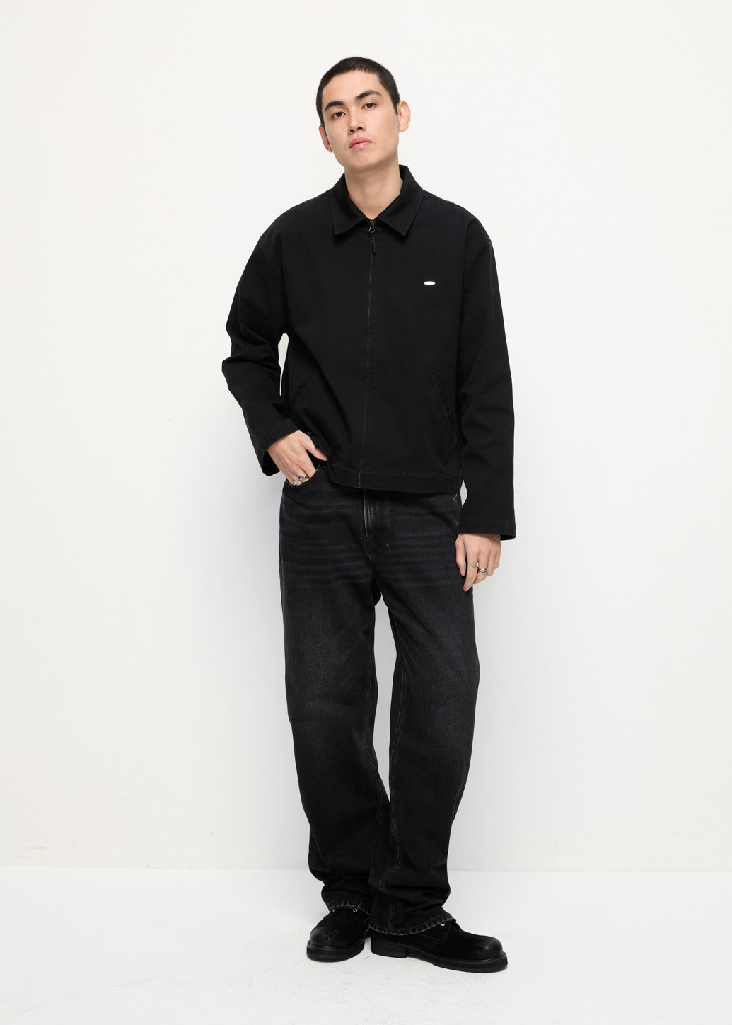 LEATHER-COLLAR DENIM JACKET Black / XL