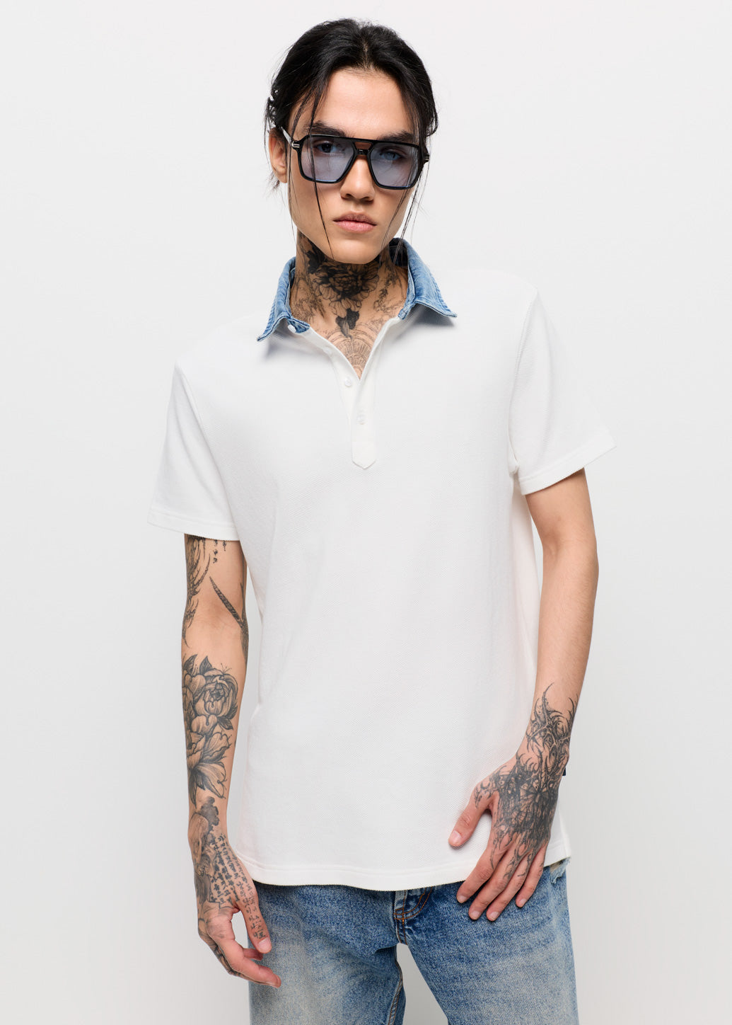 POLO SHIRT WITH DENIM COLLAR