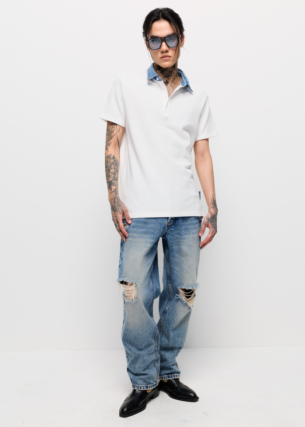 POLO SHIRT WITH DENIM COLLAR