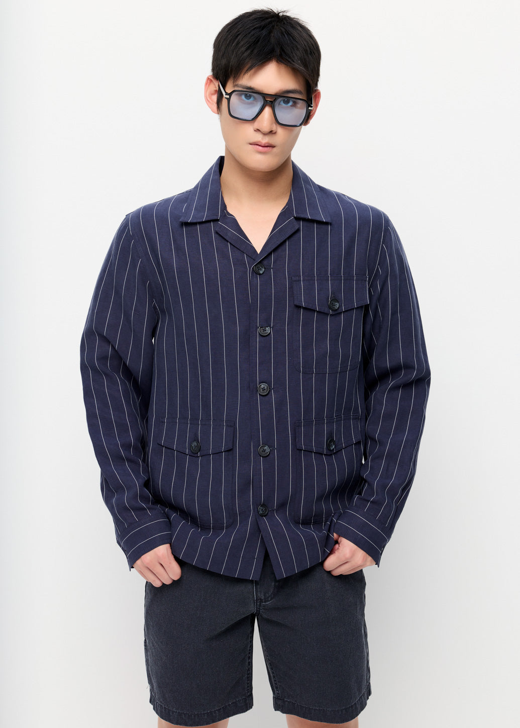 LINEN UTILITY CAMP COLLAR SHIRT