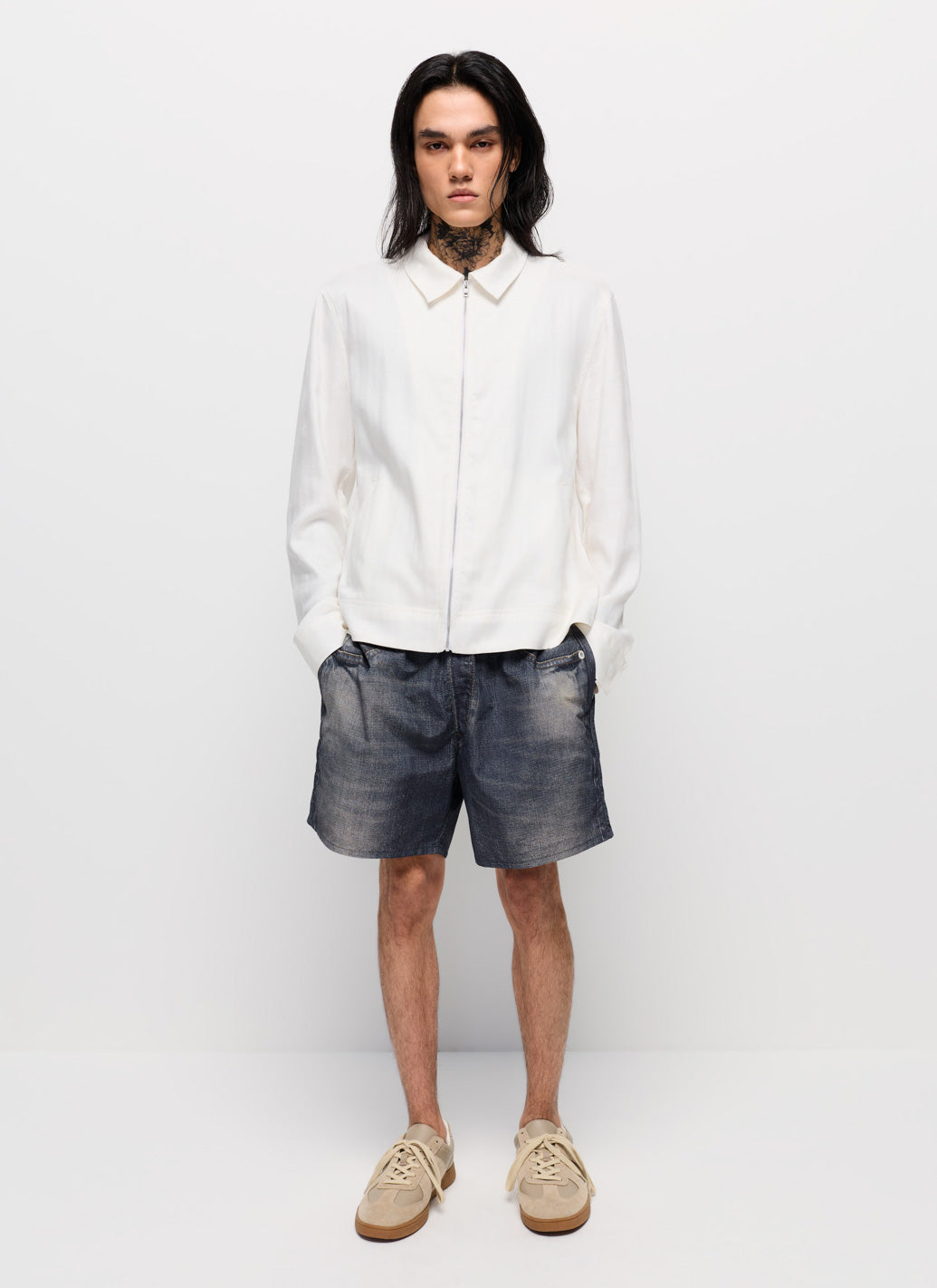 DRAWSTRING DENIM PRINTED SHORTS