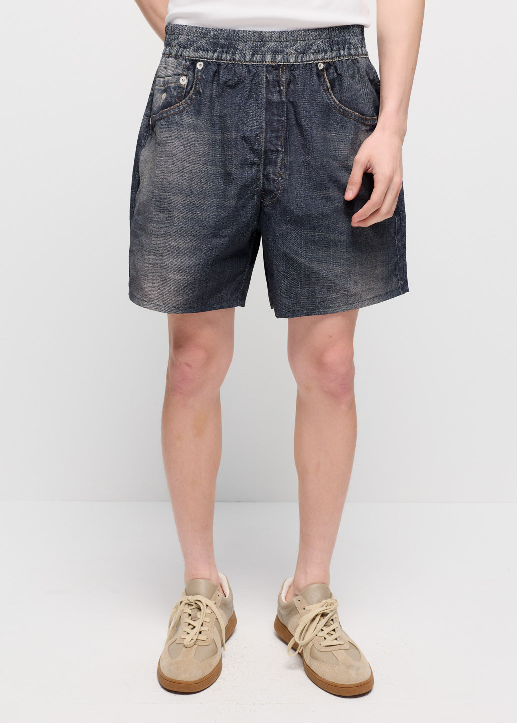 DRAWSTRING DENIM PRINTED SHORTS