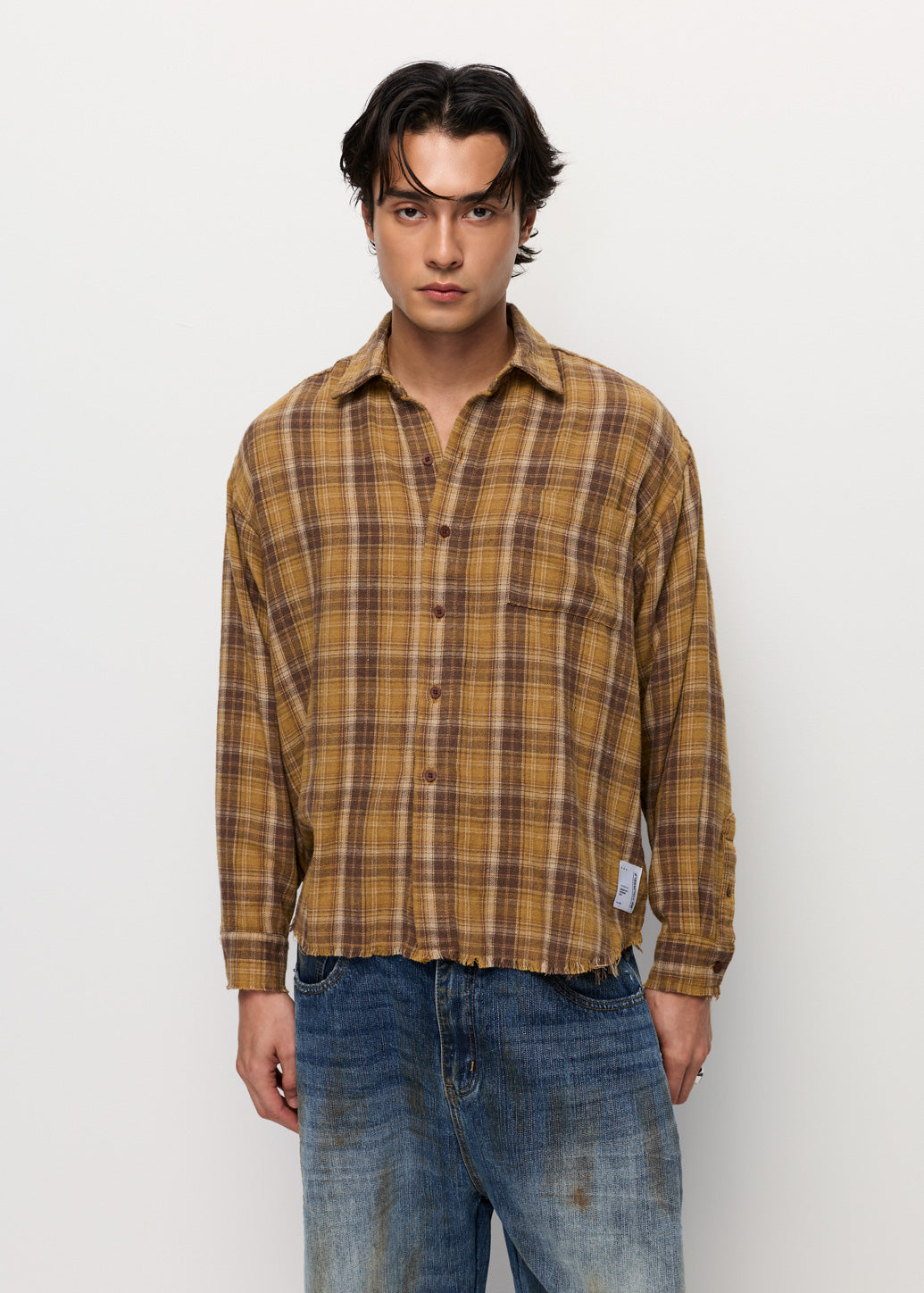 BROWN CHECK DISTRESSED SHIRT