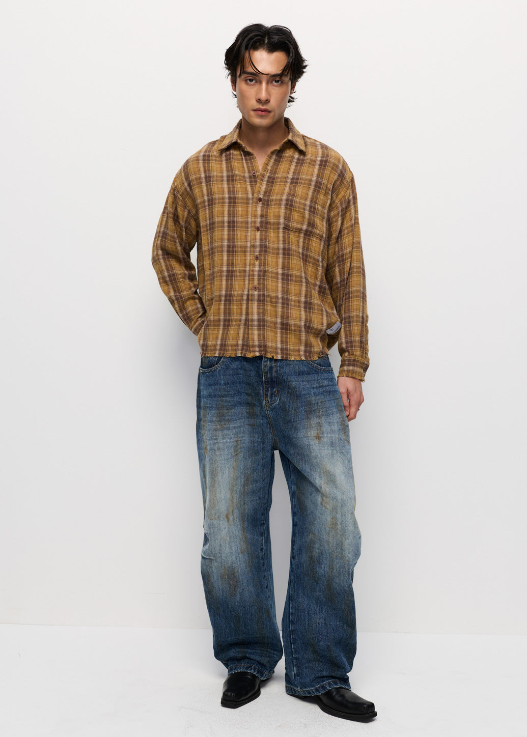 BROWN CHECK DISTRESSED SHIRT