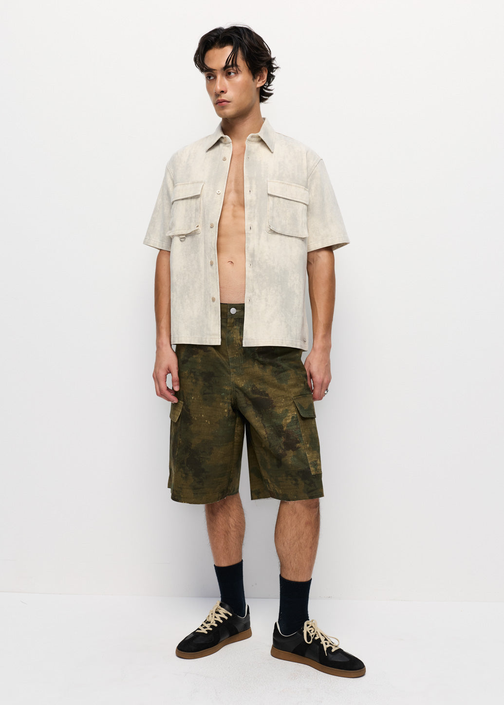 DISTRESSED CAMO SHORTS