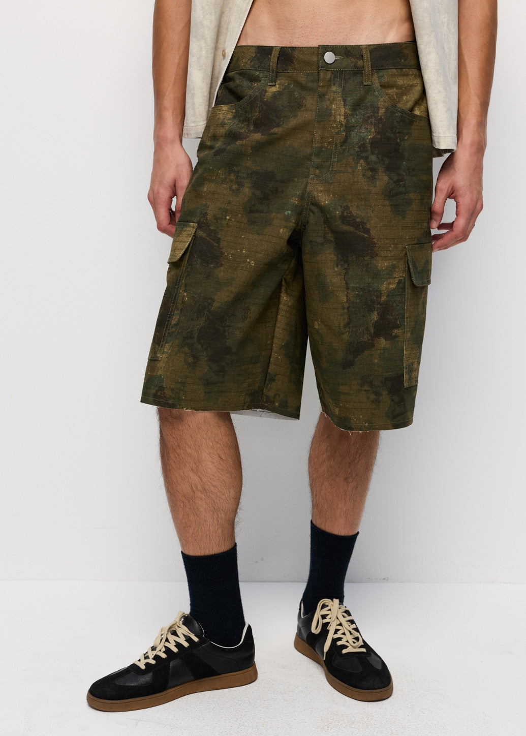 DISTRESSED CAMO SHORTS