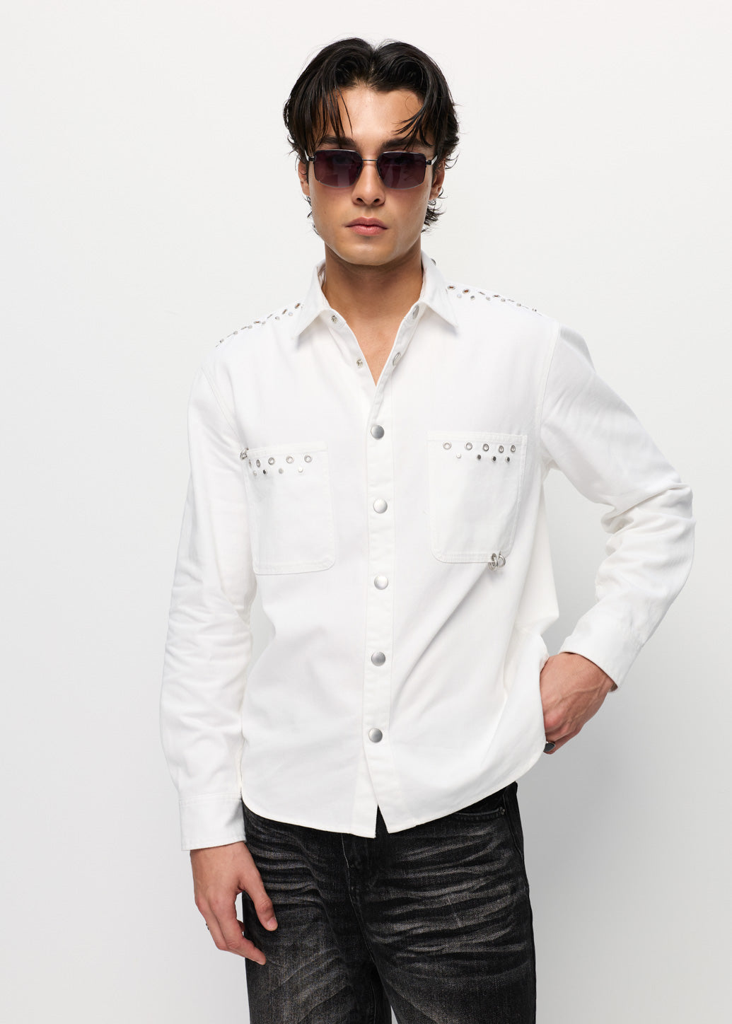 SILVER RINGS DENIM SHIRT