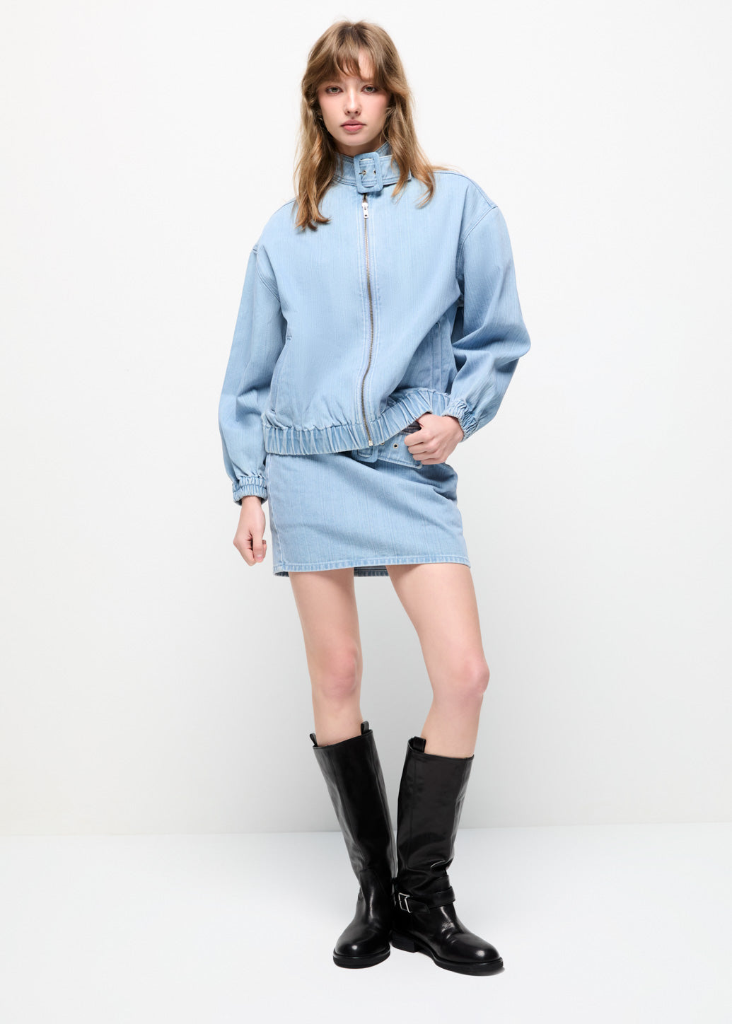 HIGH-NECK DENIM JACKET Blue / L