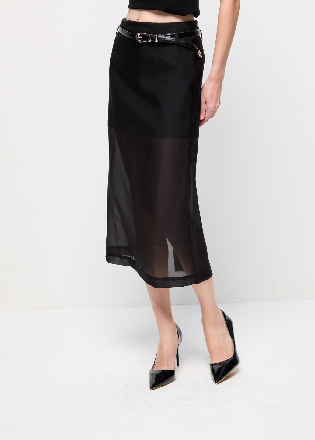 BLACK BELTED SHEER SKIRT Black / L