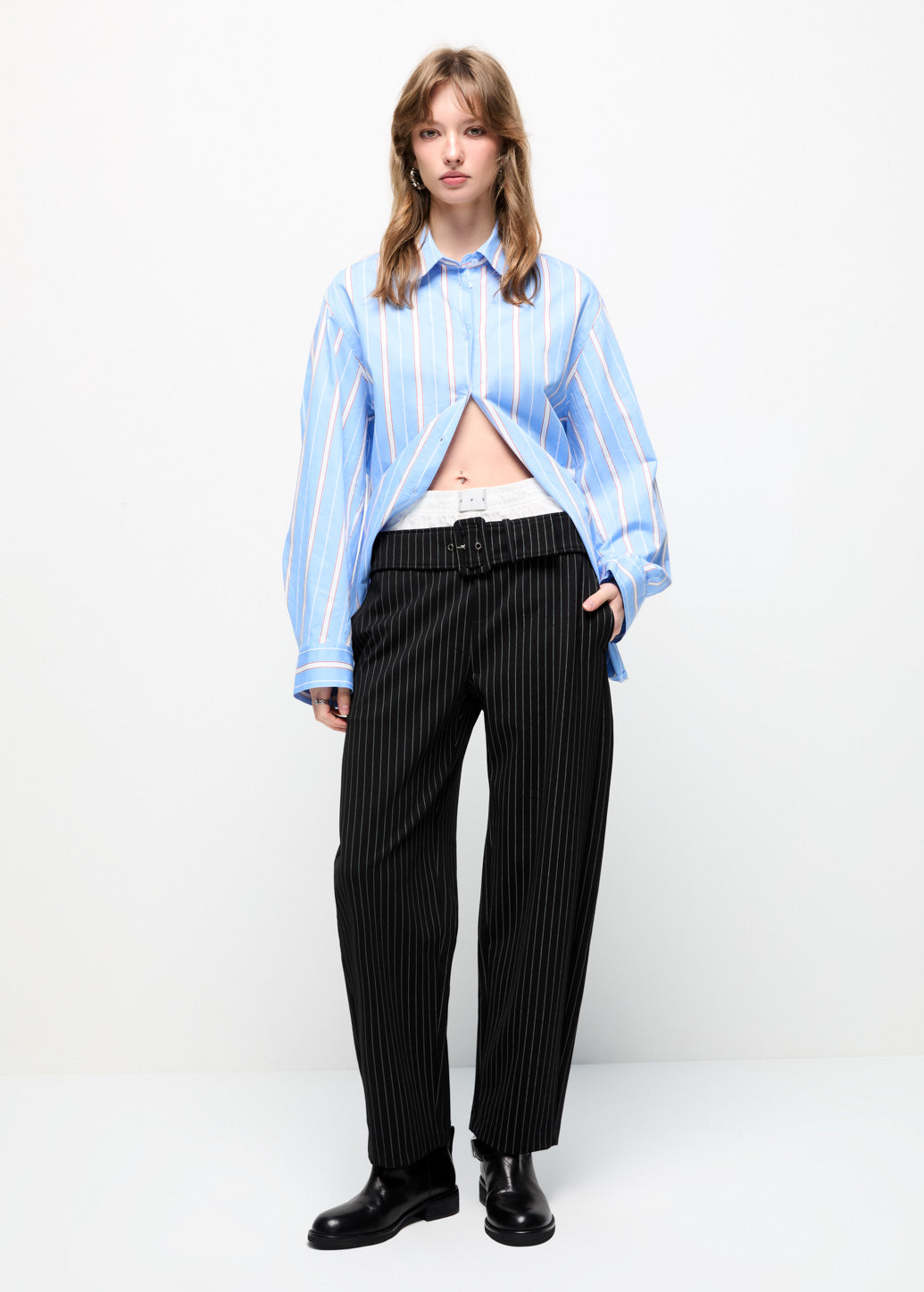 BELTED STRIPED BARREL LEG Black / L