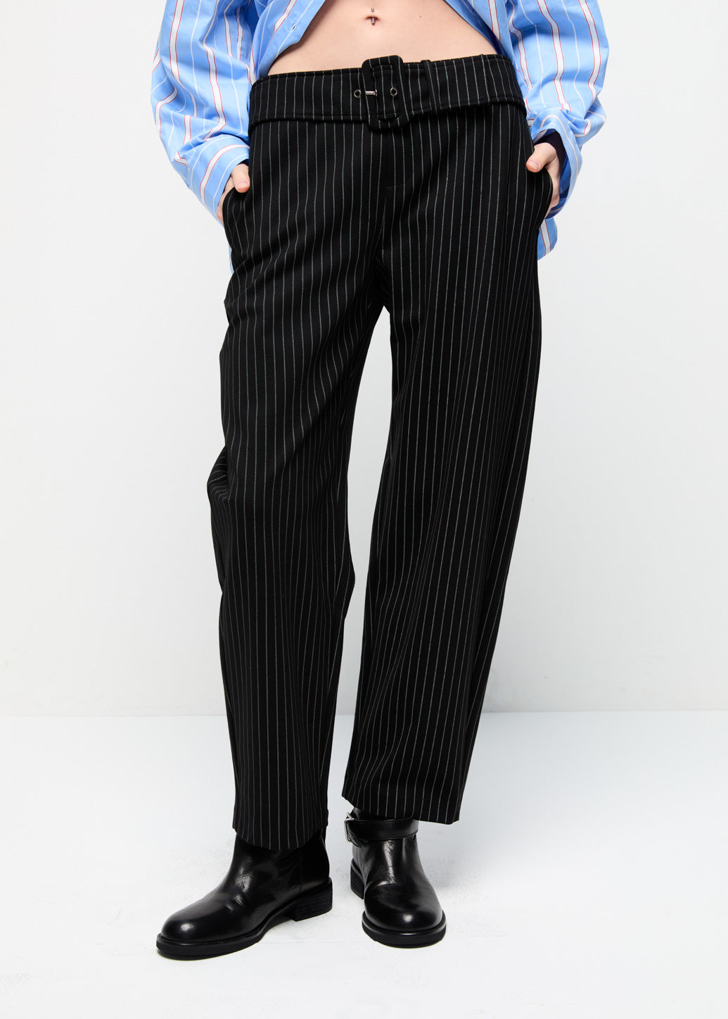 BELTED STRIPED BARREL LEG Black / L