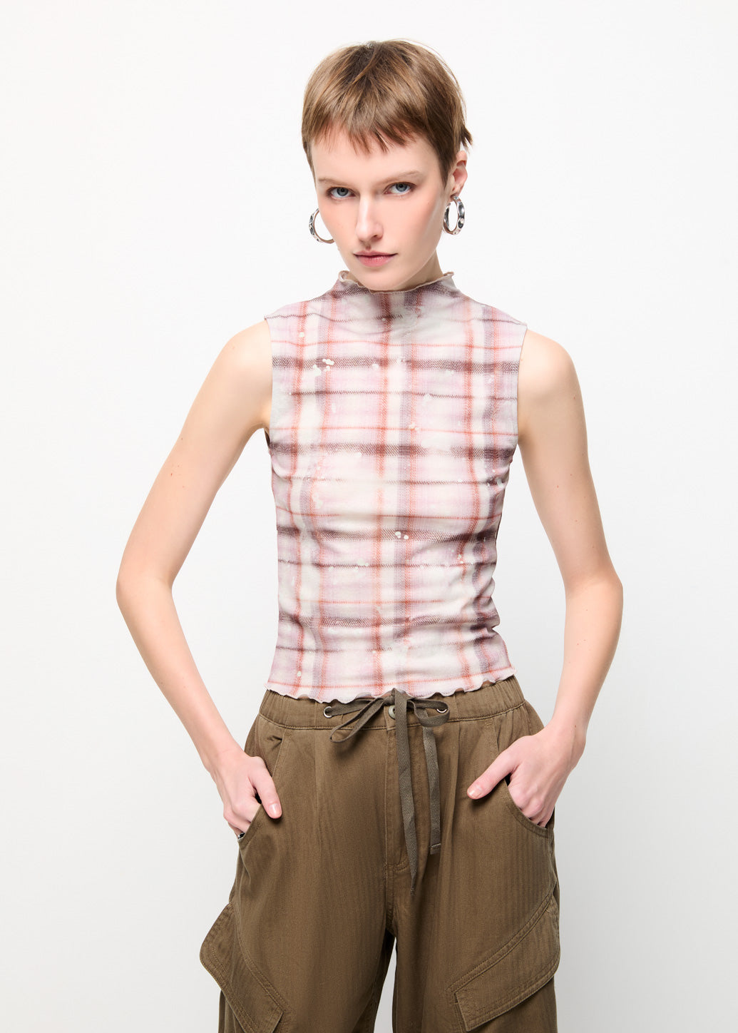 CHECKED SLEEVELESS TOP Brown / L