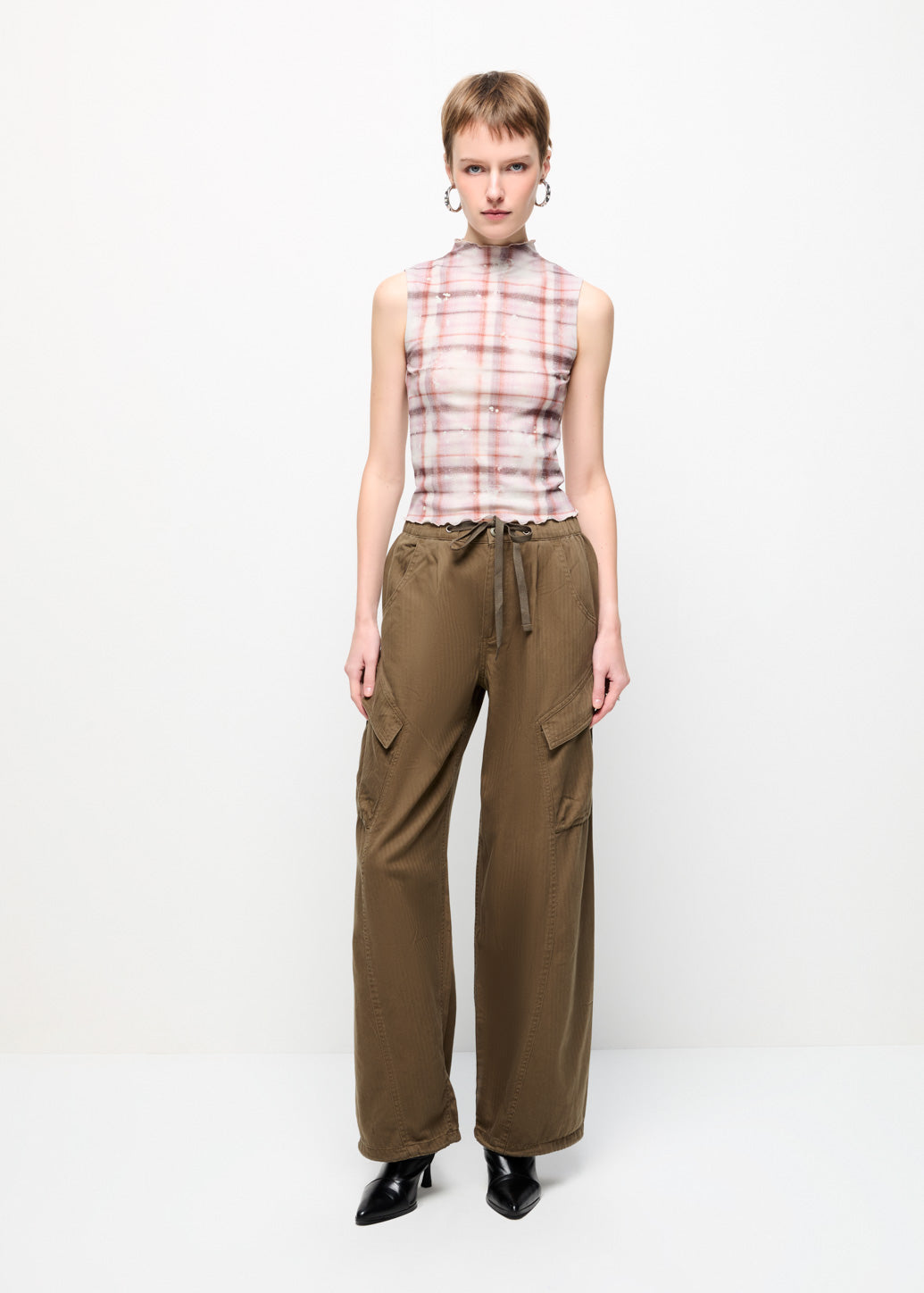 CHECKED SLEEVELESS TOP Brown / L