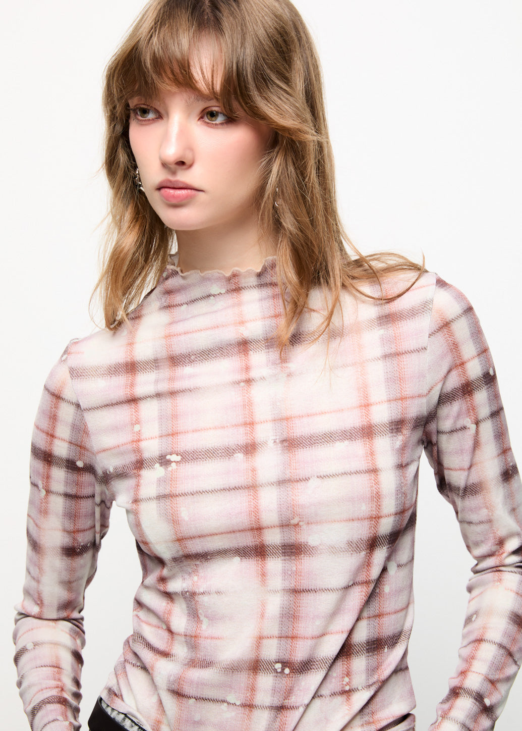 CKECKED MOCK NECK TOP Brown / L