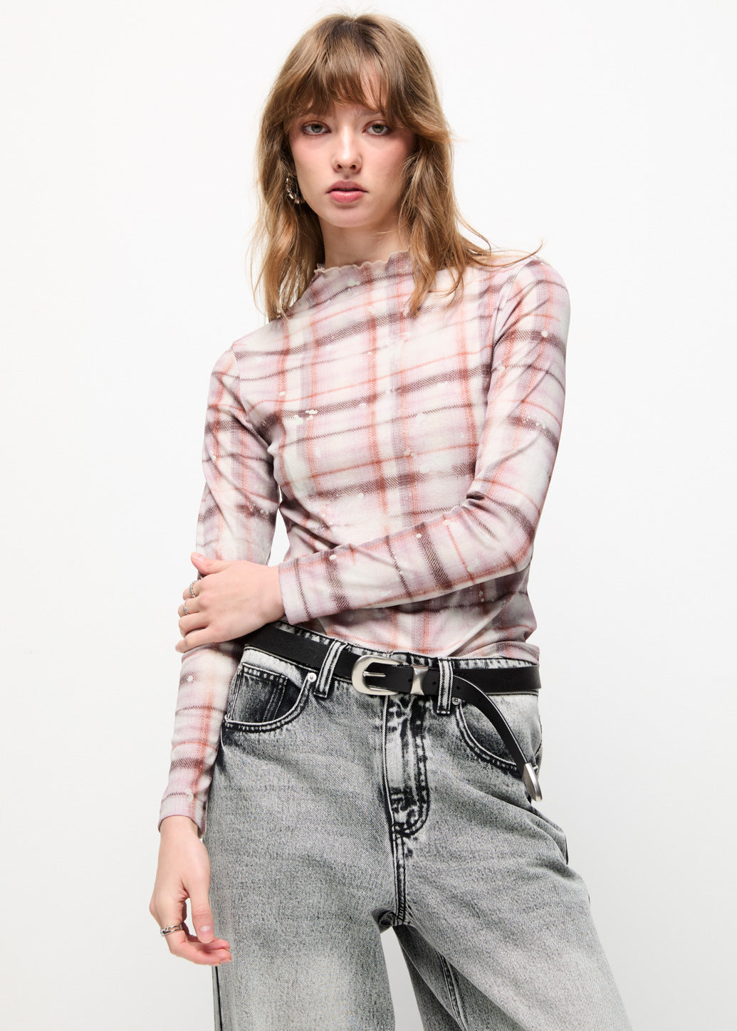 CKECKED MOCK NECK TOP Brown / L