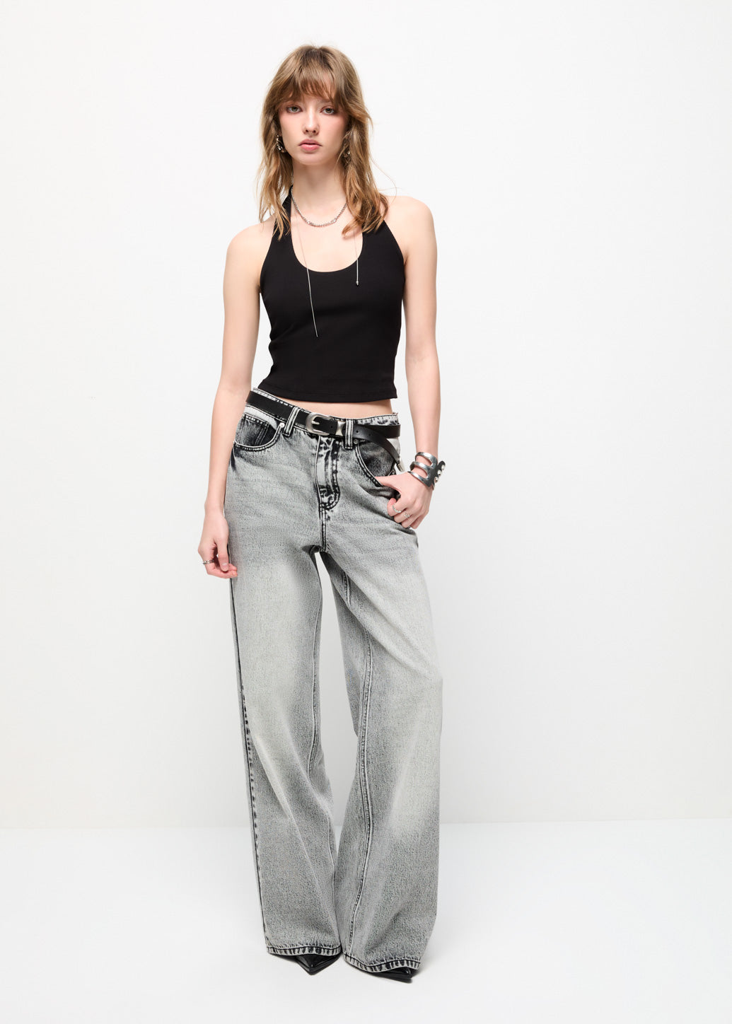 WASHED WIDE-LEG JEANS Grey / L