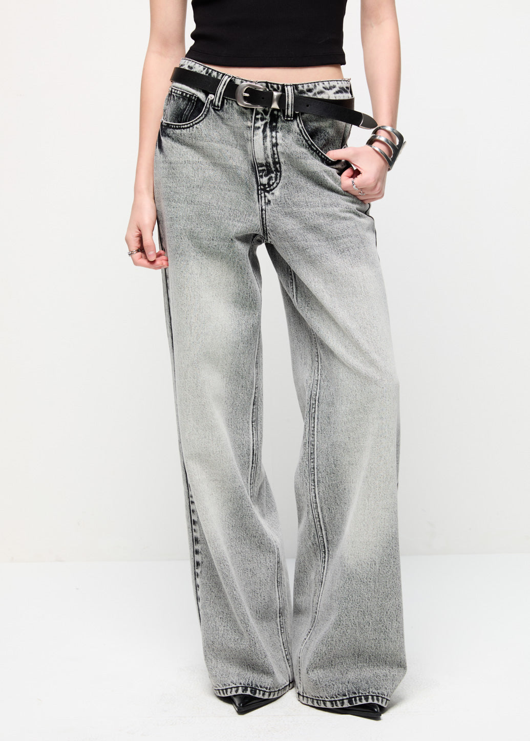 WASHED WIDE-LEG JEANS Grey / L
