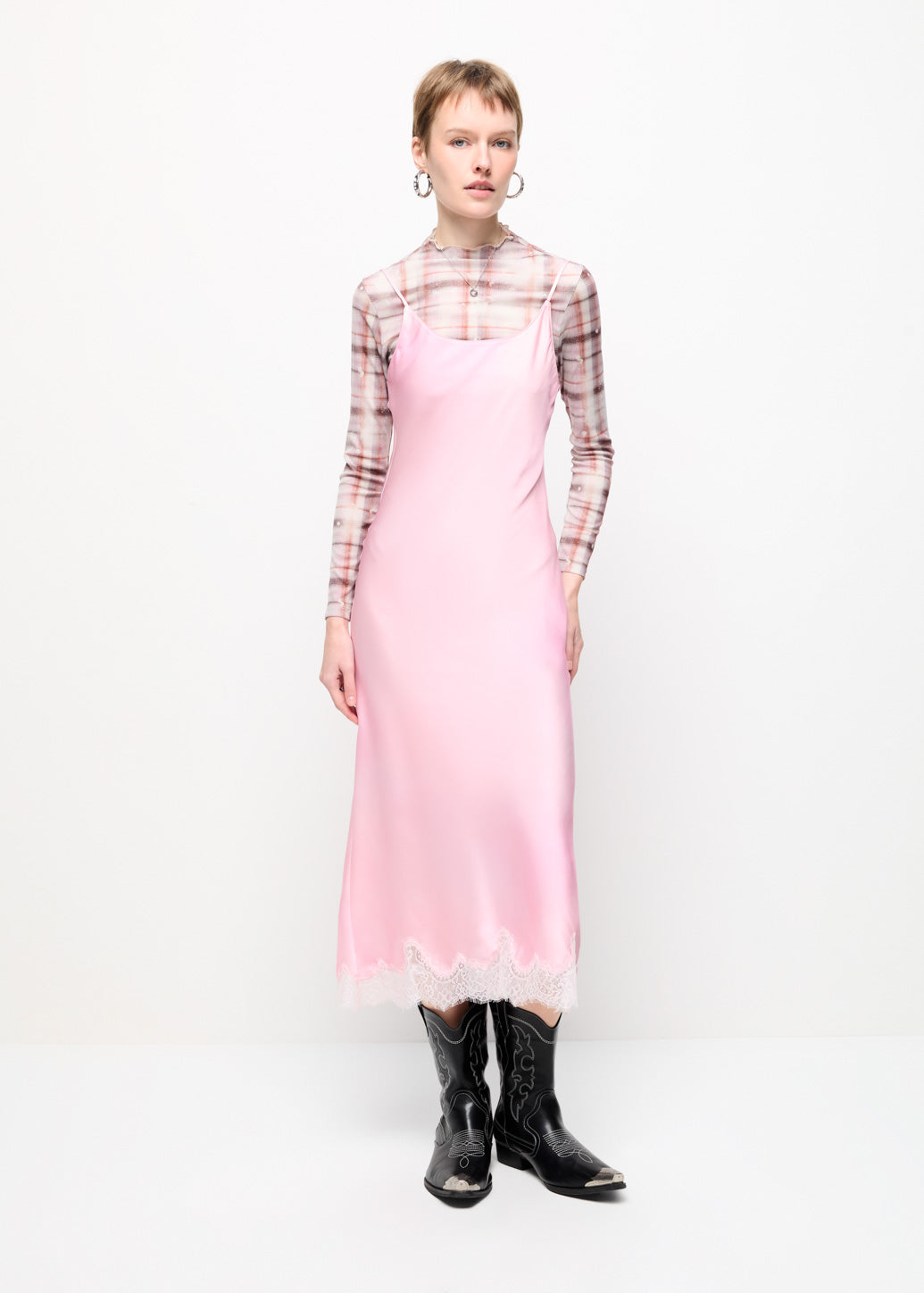 LACE HEM SLIP MAXI DRESS Pink / L