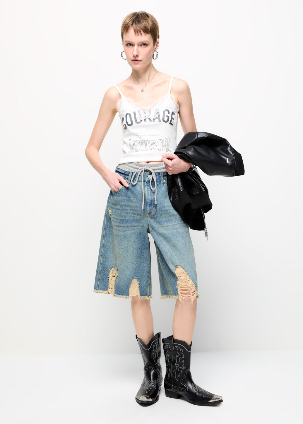 DOUBLE WAIST JEAN SHORTS