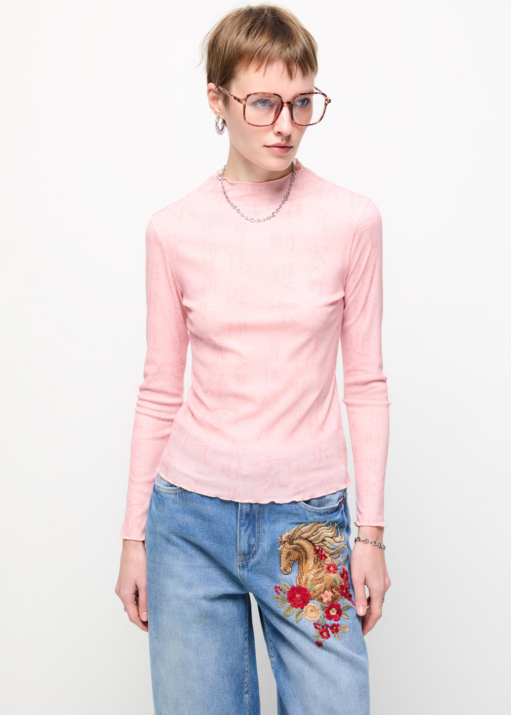 HIGH-NECK FLOCKED PRINT TOP