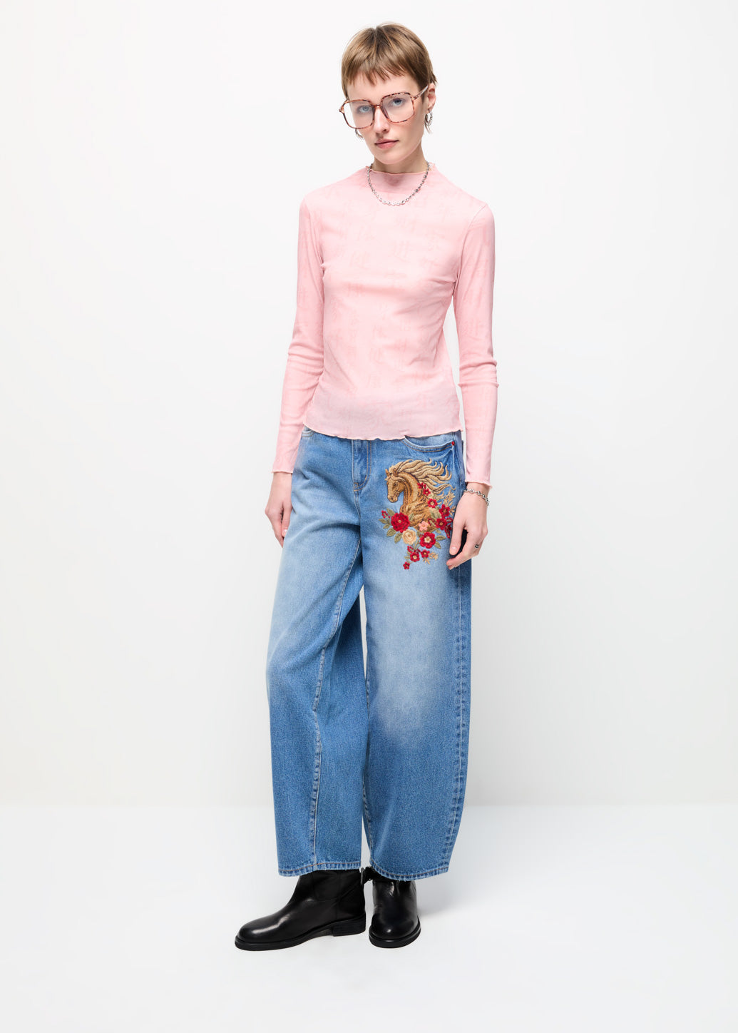 EMBROIDERED EQUINE WIDE-LEG JEANS