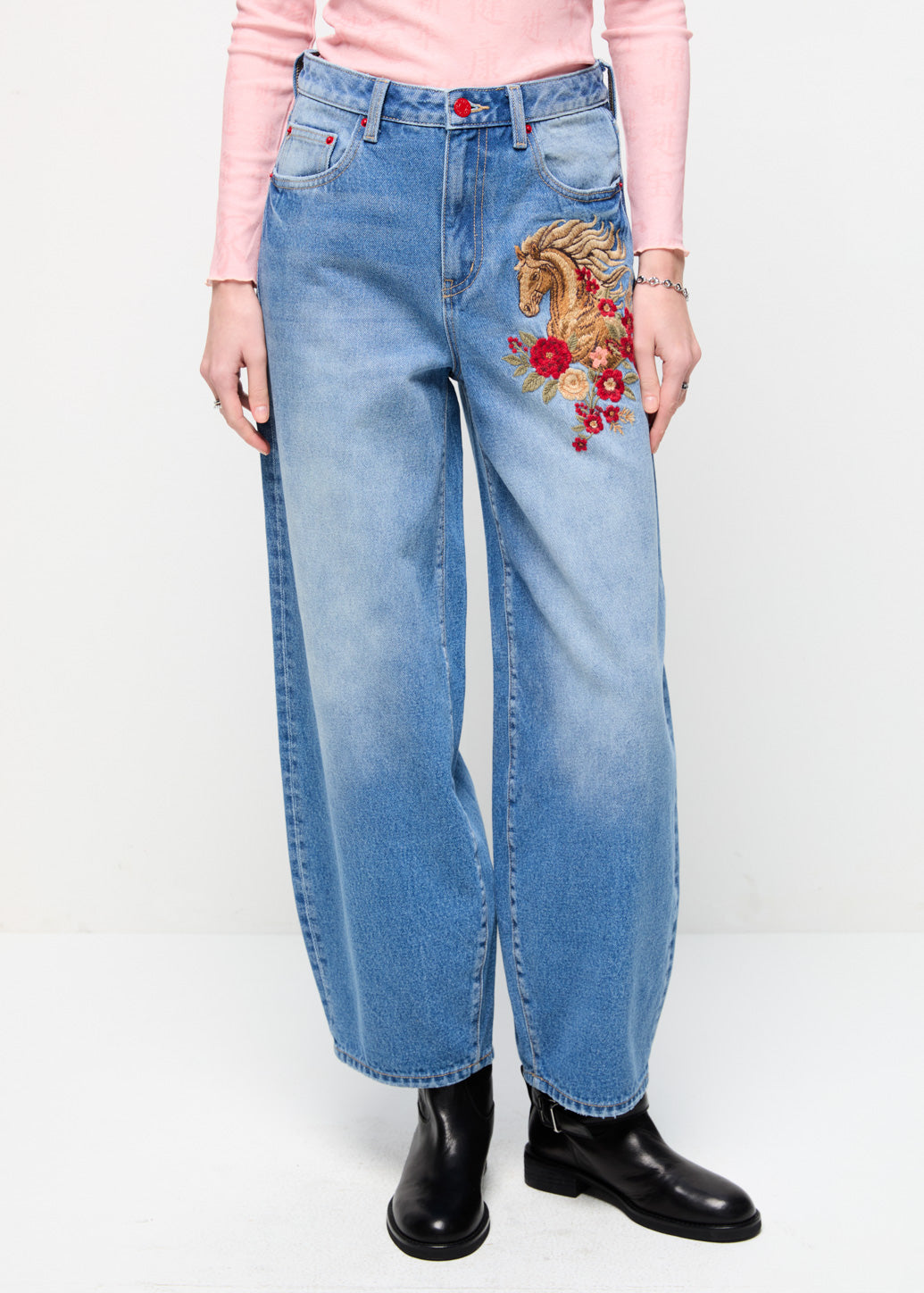 EMBROIDERED EQUINE WIDE-LEG JEANS
