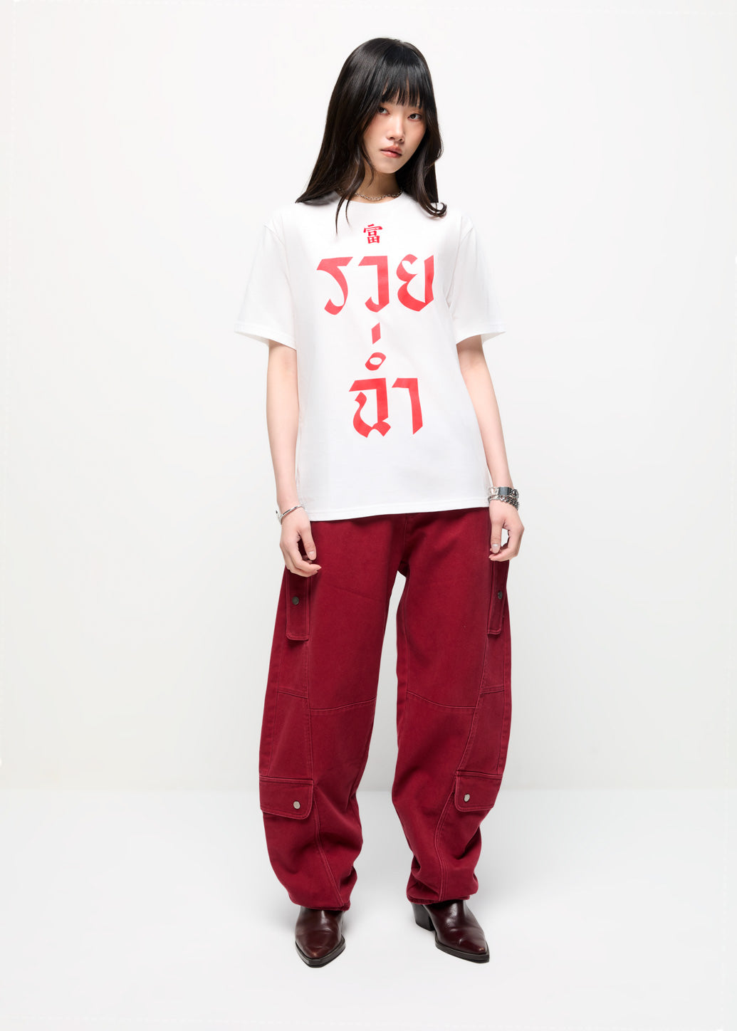 RED CROPPED BARREL-LEG PANTS