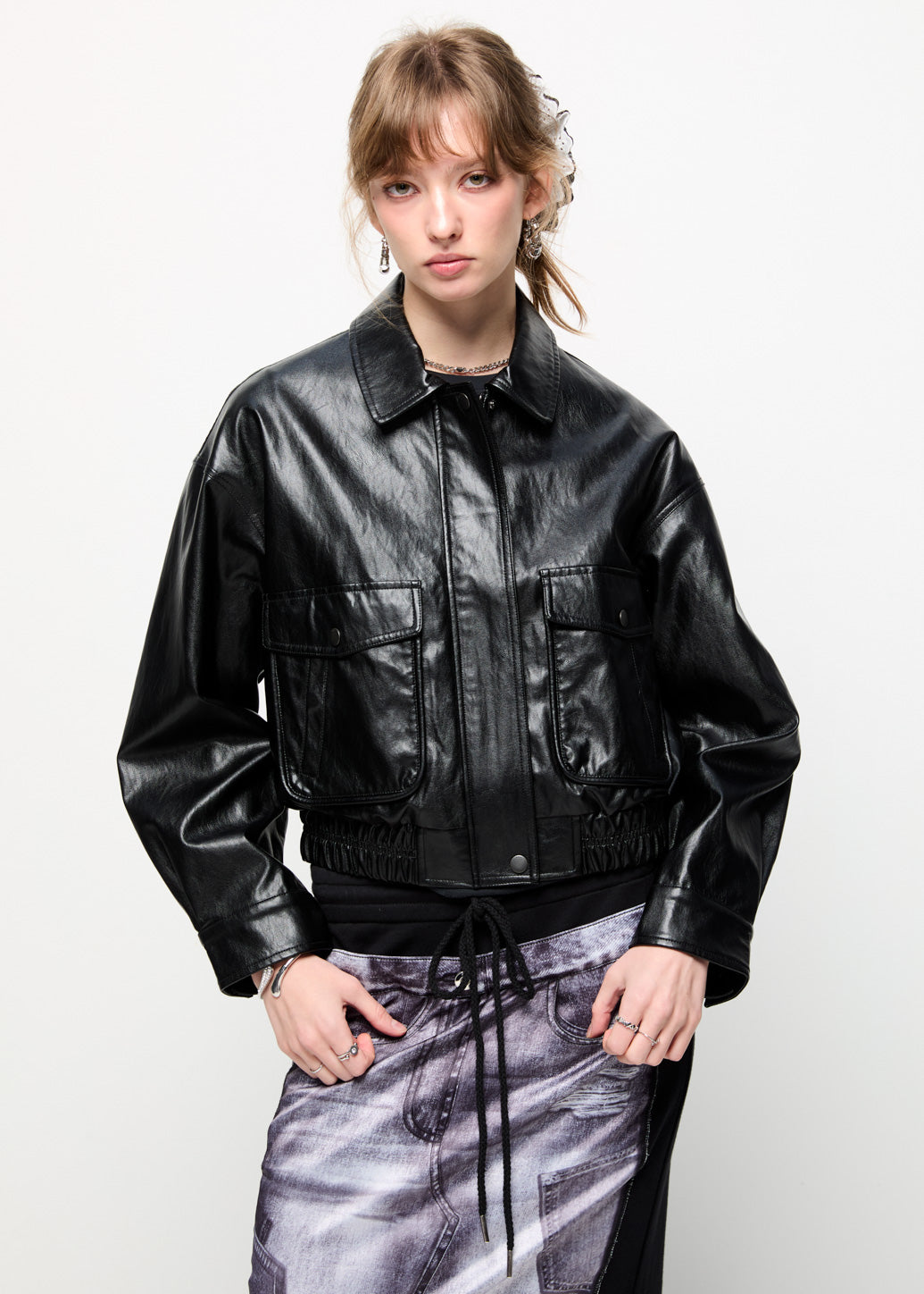 HIDDEN-ZIP LEATHER JACKET Black / L