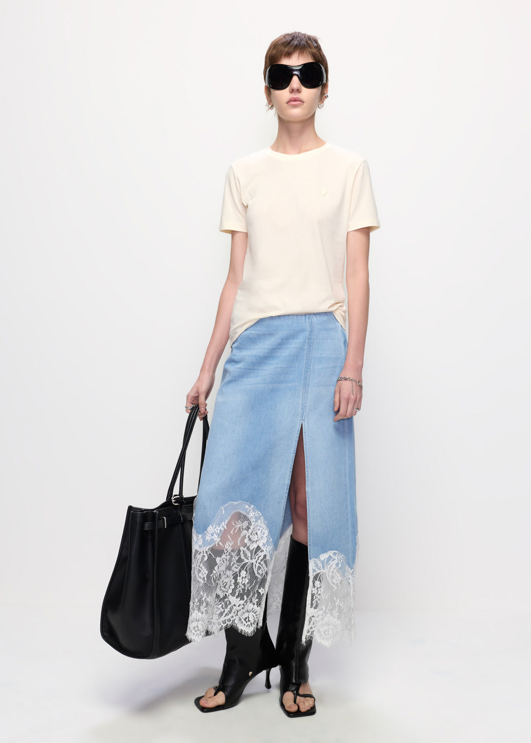 LACE TRIM DENIM MAXI SKIRT