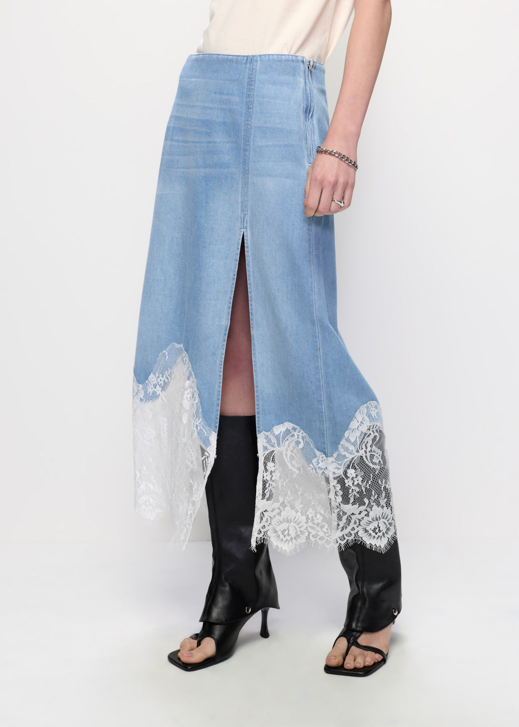 LACE TRIM DENIM MAXI SKIRT