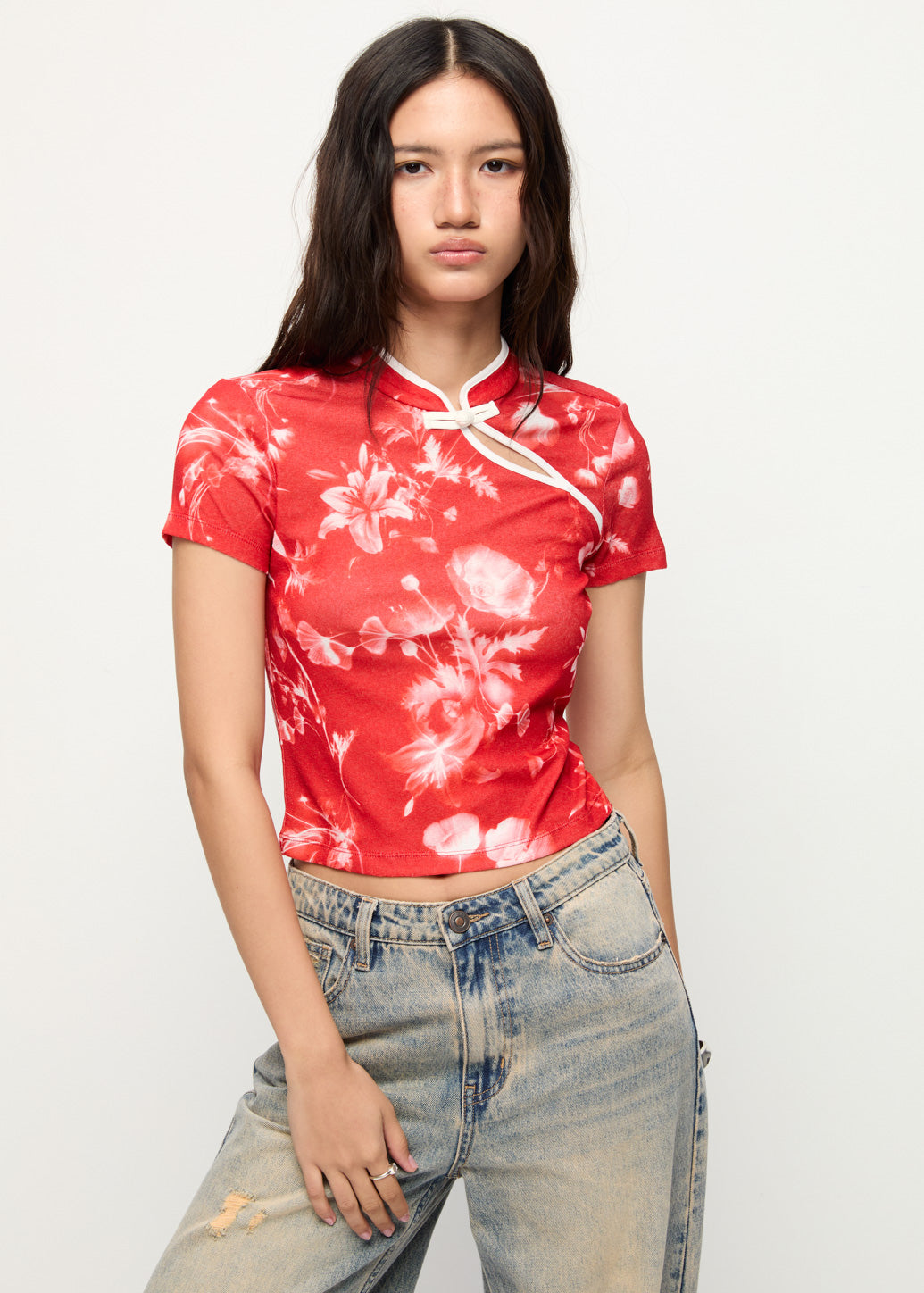 FLORAL PRINTED MANDARIN COLLAR TOP