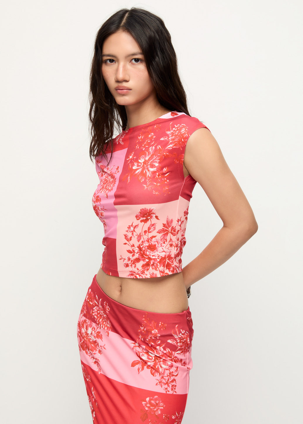 COLOR BLOCK FLORAL PRINTED TOP