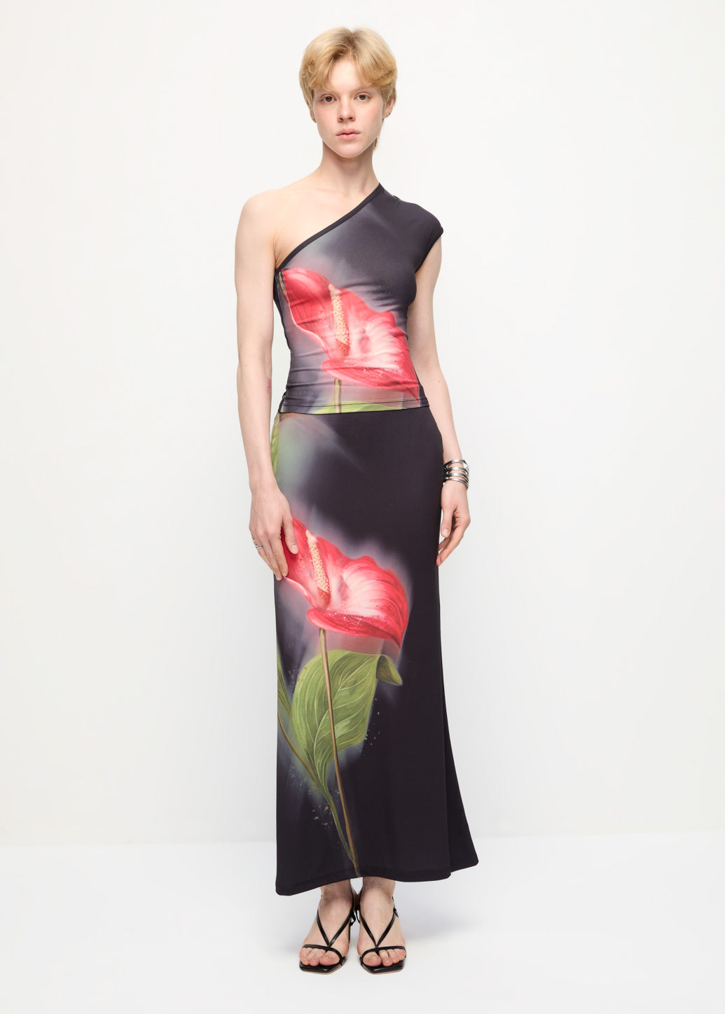 FLAMINGO FLOWER PRINTED MAXI SKIRT