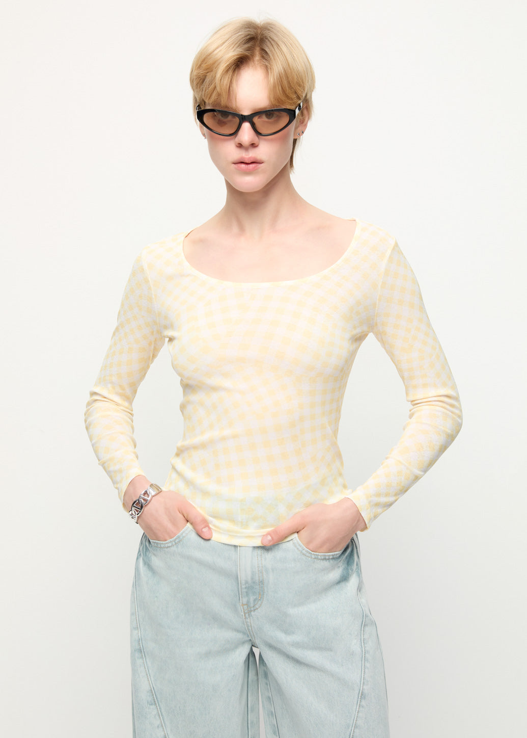 GINGHAM LONG-SLEEVE TEE
