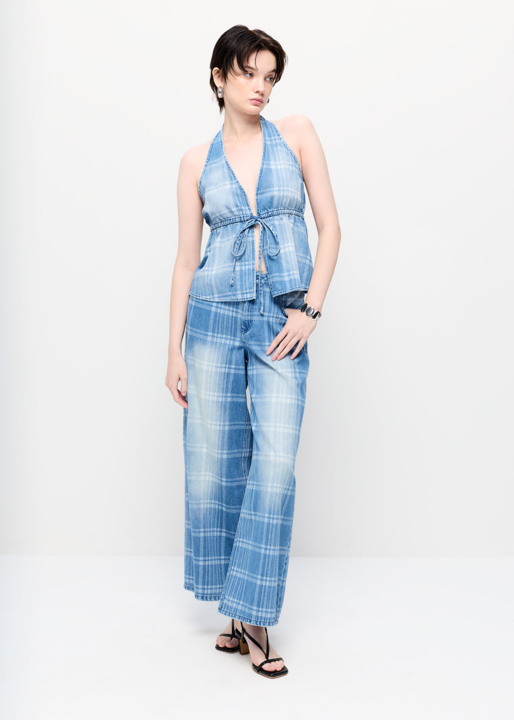 WIDE LEG CHECKED JEANS