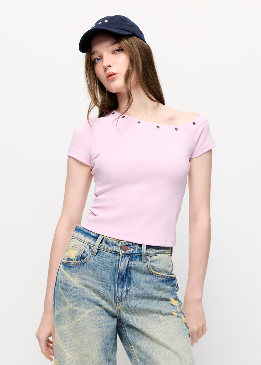 EYELET TRIM ONE-SHOULDER TOP