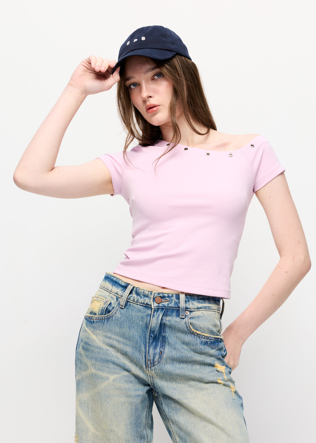 EYELET TRIM ONE-SHOULDER TOP