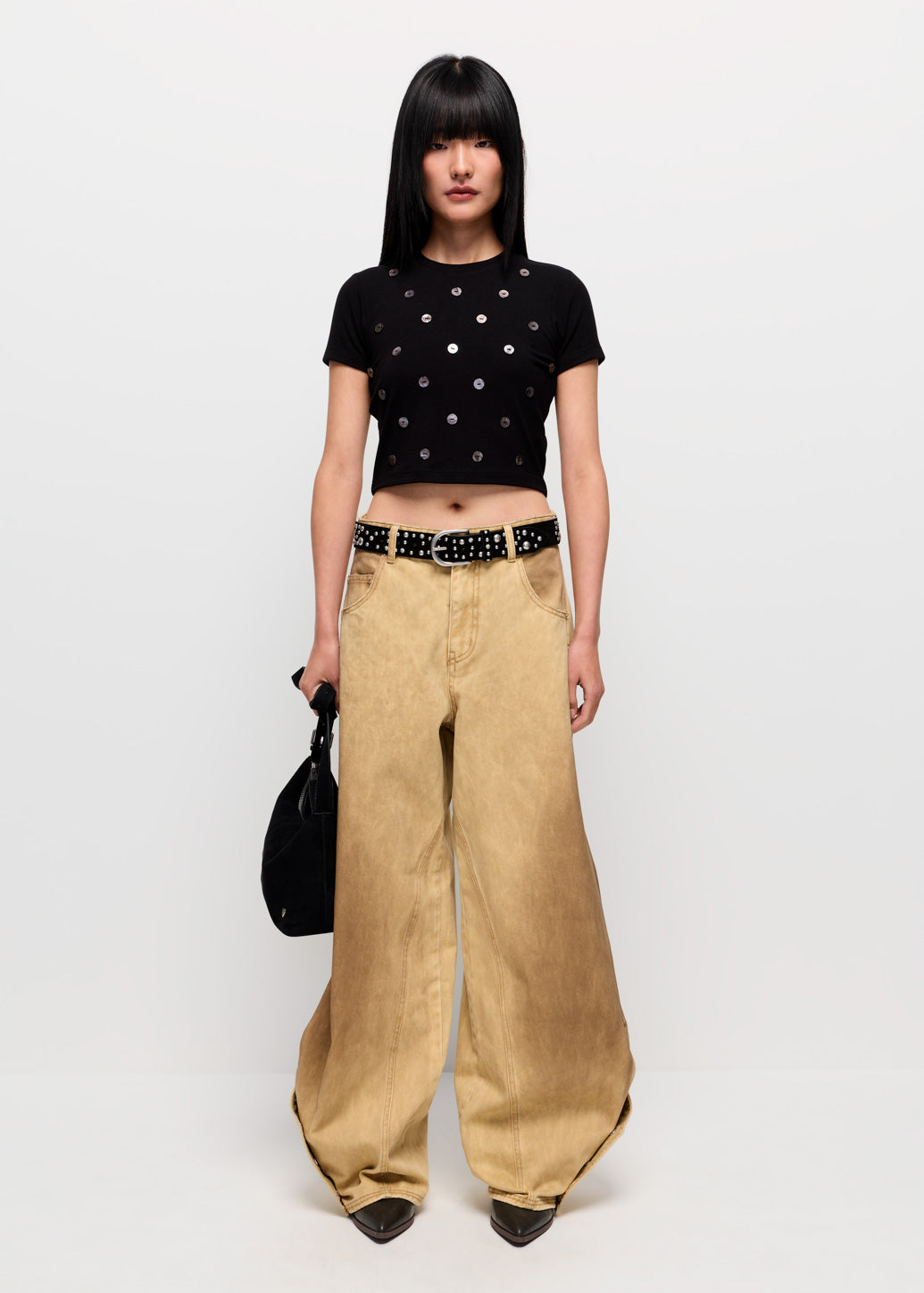 WASHED PANEL WIDE-LEG JEANS