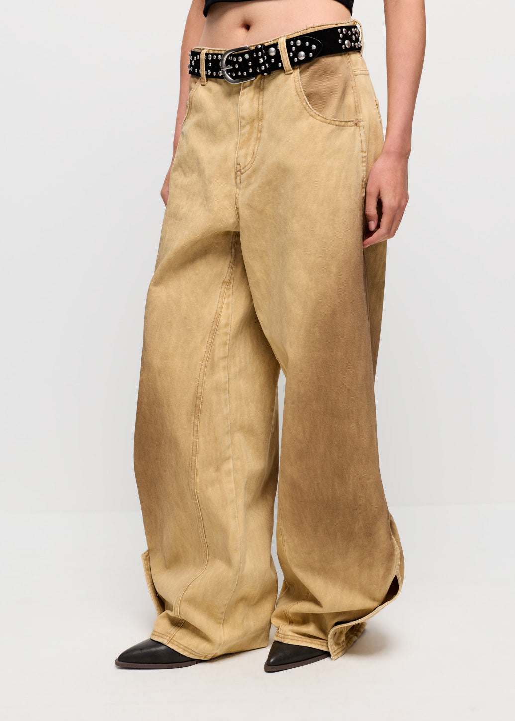 WASHED PANEL WIDE-LEG JEANS