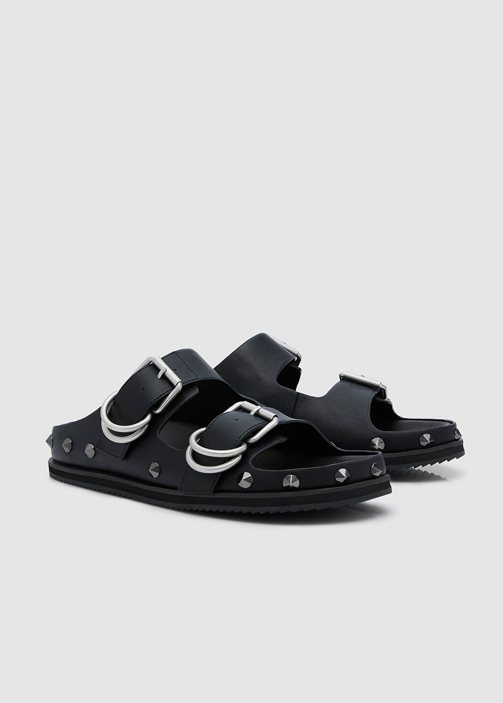 BLACK LEATHER DOUBLE BUCKLE SANDALS